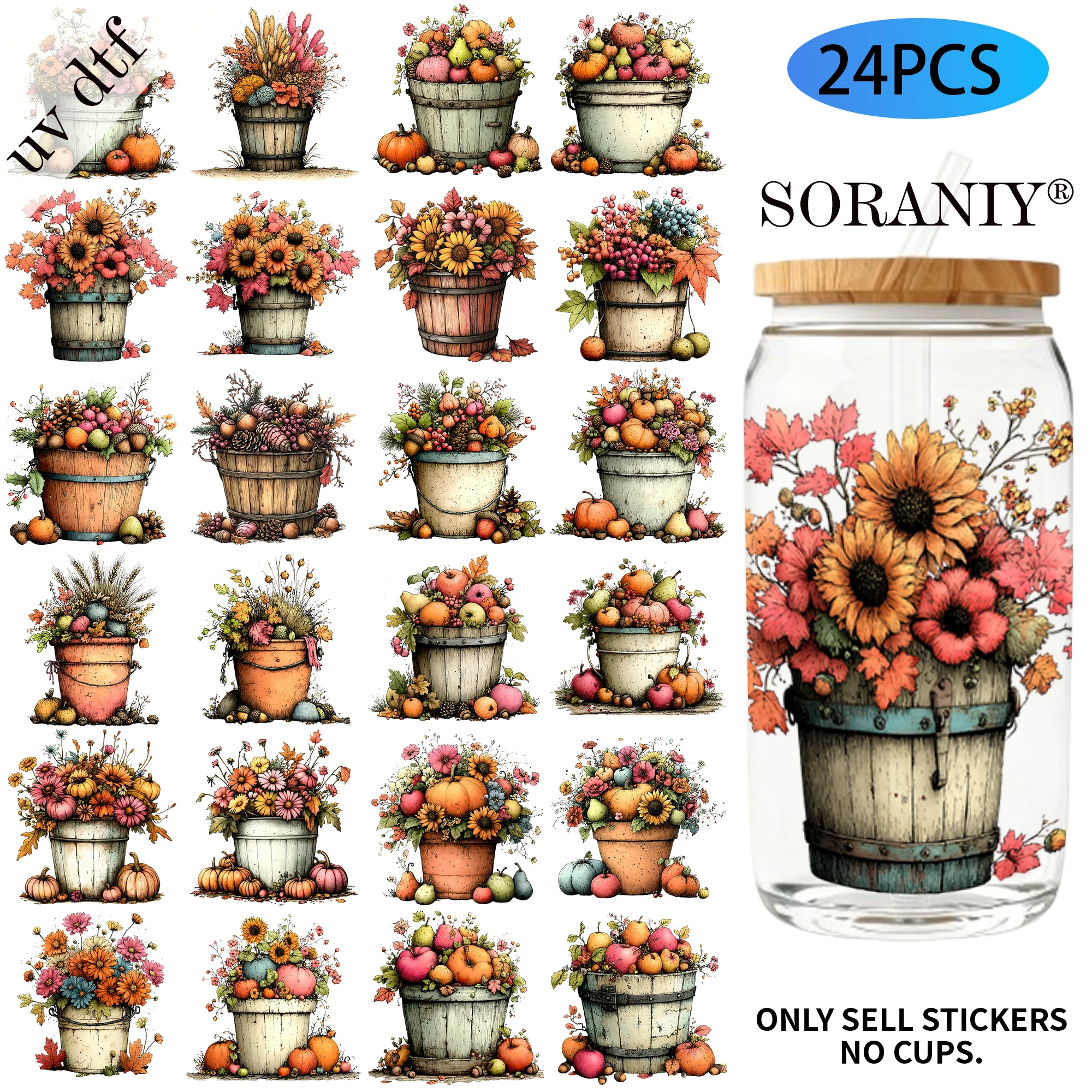 24PCS/Set Harvest Bucket Watercolor  Themed UV DTF 16OZ DIY Transfer Paper Set Golden Text Used For 16oz Water Bottles Glass