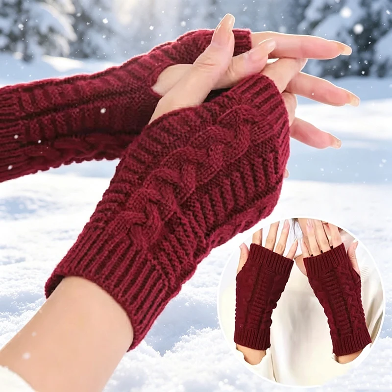 Women Stylish Hand Warmer Winter Gloves Arm Crochet Knitting  Mitten Warm Fingerless Glove Twist Pattern Women Gloves