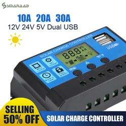 PWM Solar Controller 12V 24V 30A 20A 10A Battery Charger LCD Dual USB 5V Output Maximum Working Voltage 50V With LCD Display