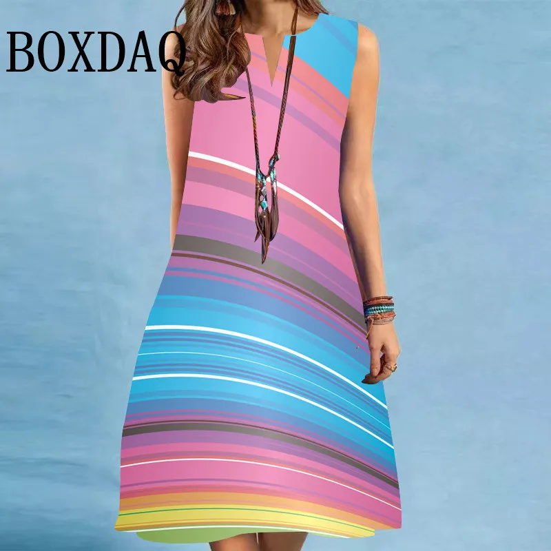 2025 Summer Casual Women Painted Print A-Line Dress Sweet Casual Gradient Rainbow Dress Vintage V-Neck Sleeveless Loose Clothing