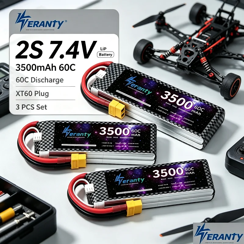 3pcs TERANTY V2 2S 60C 3500mAh Lipo 7.4V Battery for 1/10 1/12 High-speed Crift Car Brushless Speedboat Drone T/XT60/XT30/Dean T