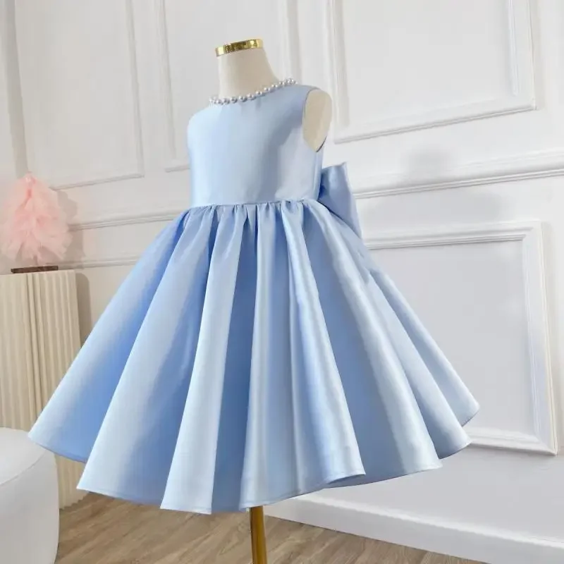 Sleeveless Satin Baby Girl Dress Beading Simple Solid Color Children Princess Dresses Birthday Gift Kid Girl Noble Clothing