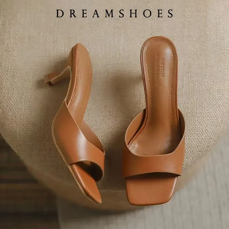 

Women Heeled Mules Sandals Soft Leather Low Heels Summer Shoes For Women Slippers Vintage Square Toe Mule