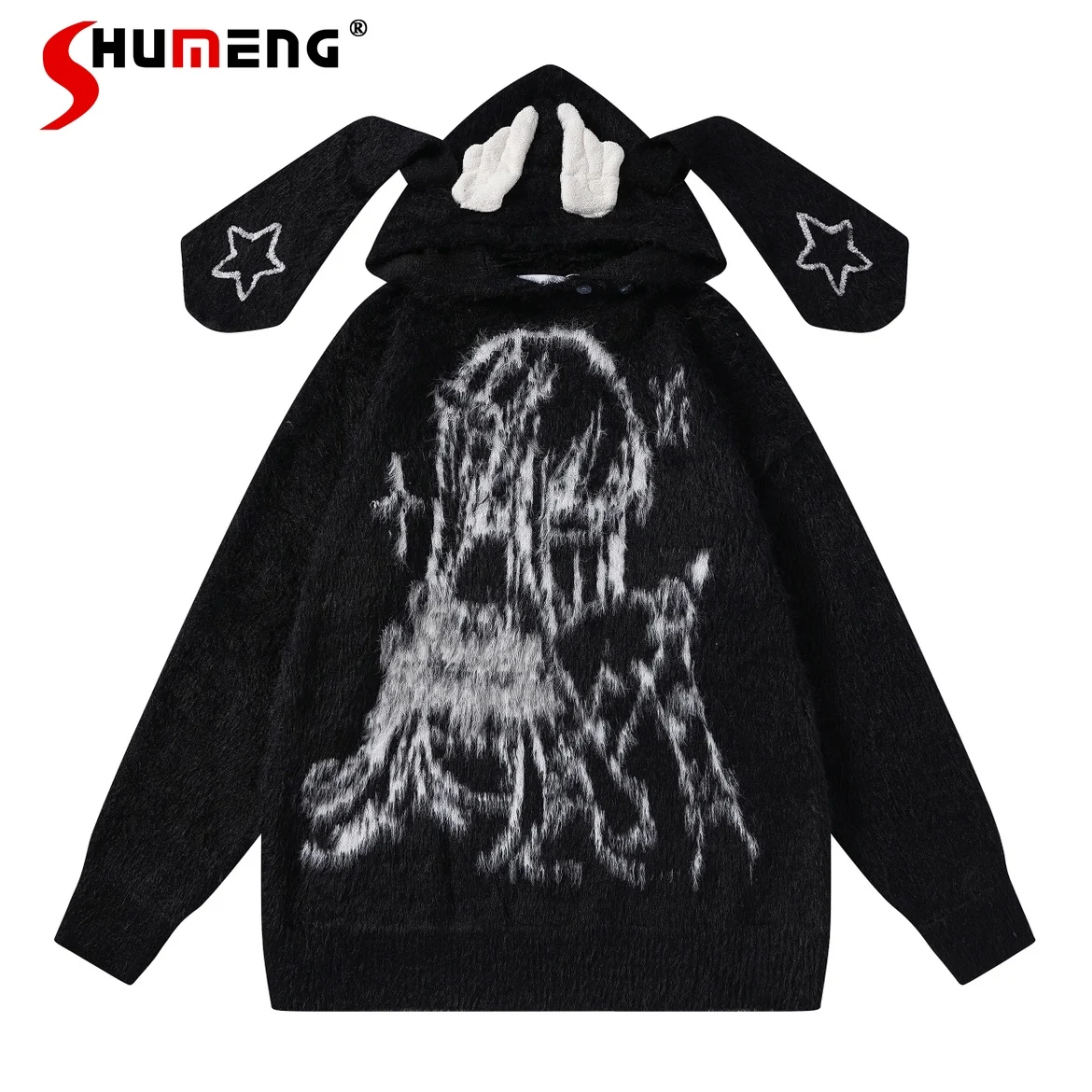 Original Sweet Two-Dimensional Rabbit Ear Wings Plush Sweater Woman Y2k Soft Cartoon Printed Long Sleeve Hooded Knitted Sweater