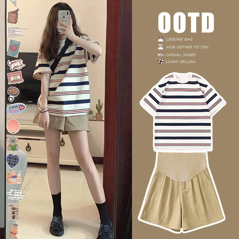 Block Color Striped T-shirt+belly Shorts Twinset Fashion Pregnant Woman Clothes Set Summer Maternity Loose Casual Pants Suits