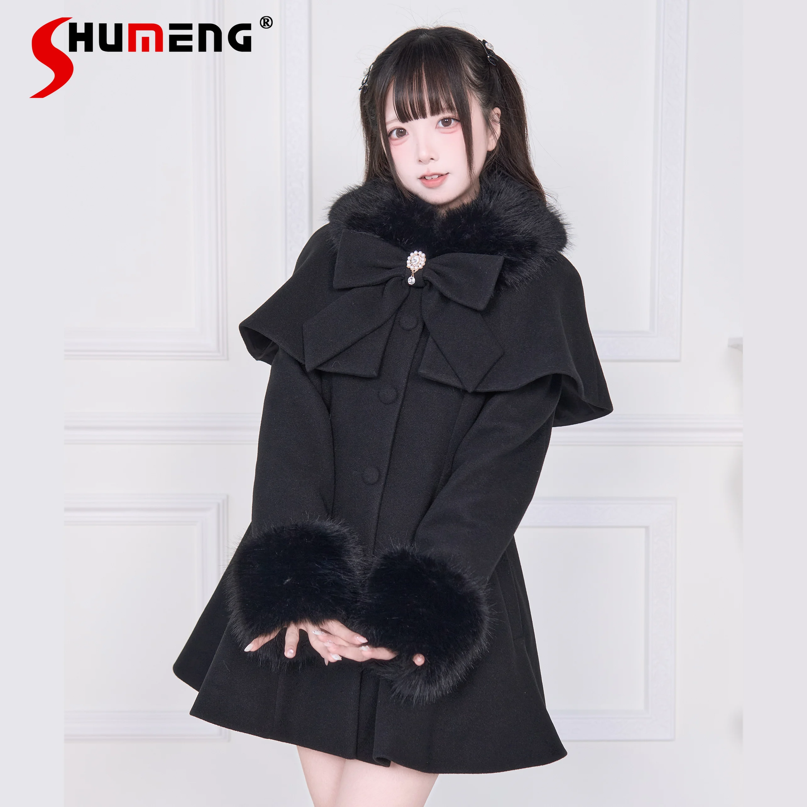

Japanese Mine Mass-Produced Sweet Bow Plush Overcoats with Cloak Winter New 2025 Girls Women's Black Long Woolen Jacket Coats