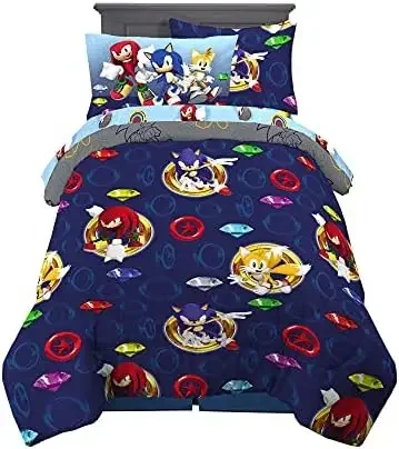 Kids Bedding Super Soft Comforter and Sheet Set with Sham, 5 Piece Twin Size, Sonic The Hedgehog, Anime