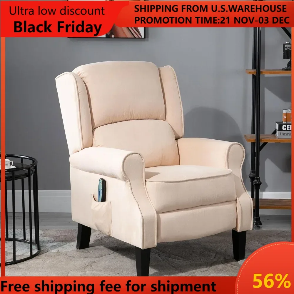 Vibration Massage Recliner Chair for Living Room with Heat, Wingback Single Sofa, Modern Suede Fabric Push Back Reclining