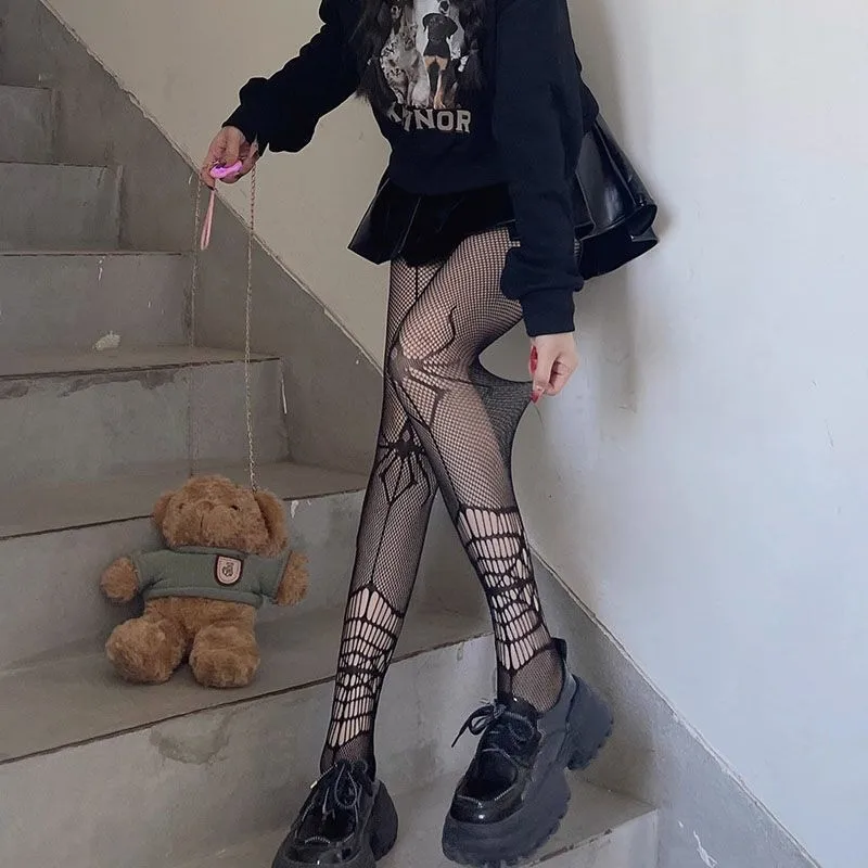 

Gothic Spider Web Fishnet Tights Black Hollow-Out Sheer Pantyhose for Schoolgirl Edgy Fashion Sweet Cool Style Slimming Leggings