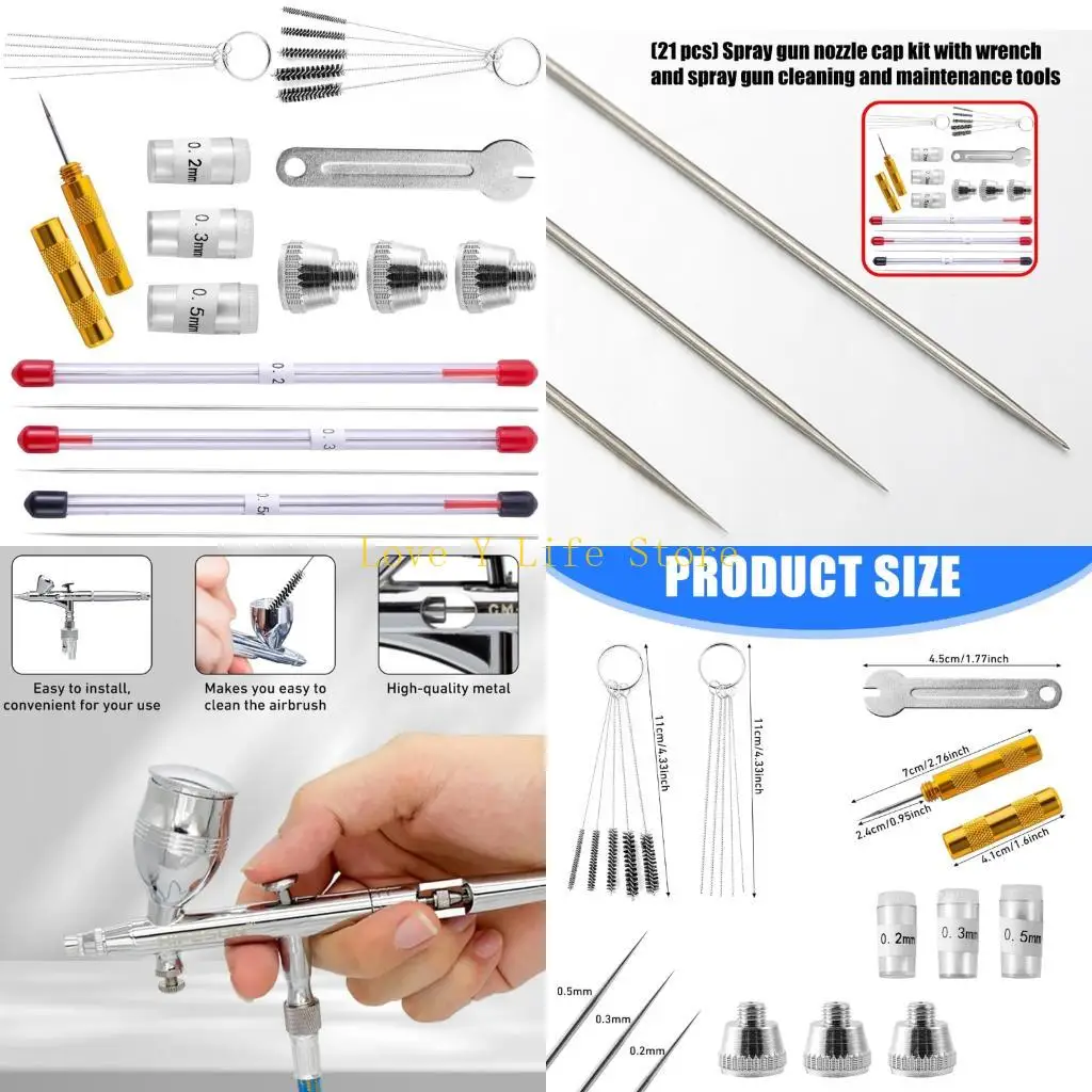 

L74C 21 шт./компл., стальные колпачки для насадок для аэрографа, запасные части, комплект для обслуживания, щетки, игольчатый