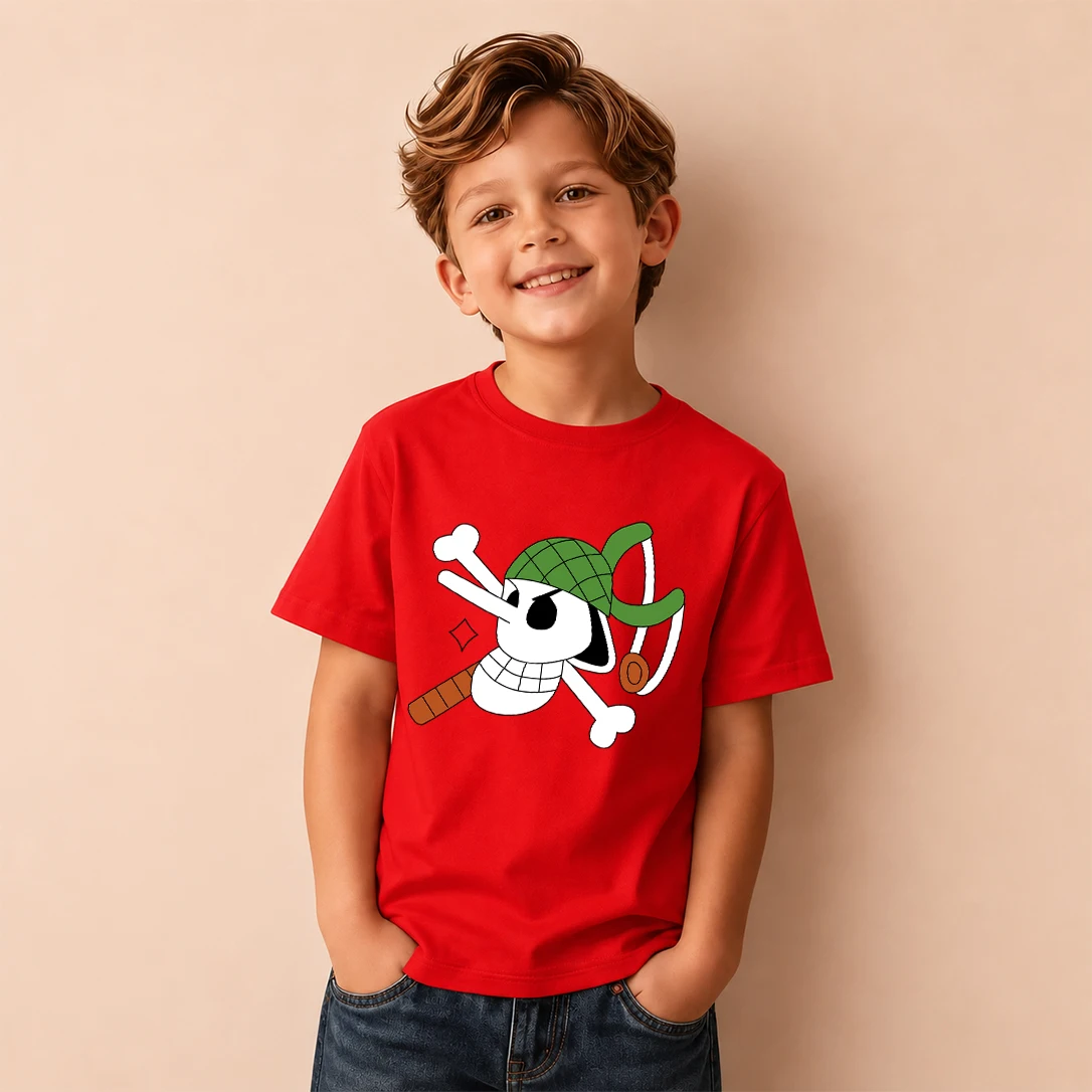 Kids T‑Shirt One Piece Usopp Pirate Skull Logo Print Short Sleeve Casual Tops Boys Girls Anime Pattern Children Daily Wear Tees