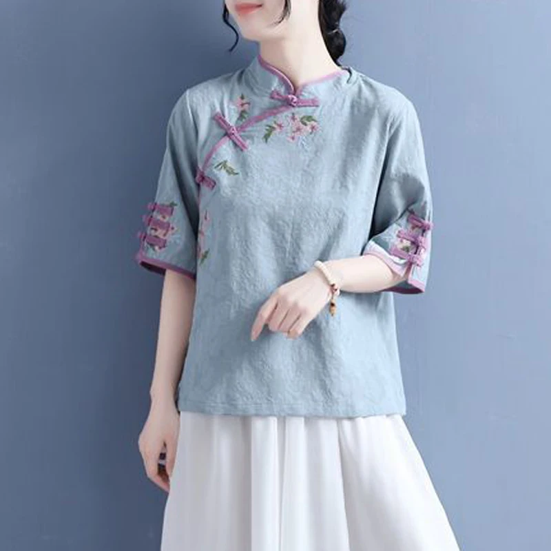 Women\'s Chinese Style Vintage Embroidery Cotton Linen Blouse 2024 Summer Elegant Stand Collar Loose Shirt Half Sleeve Chic Tops