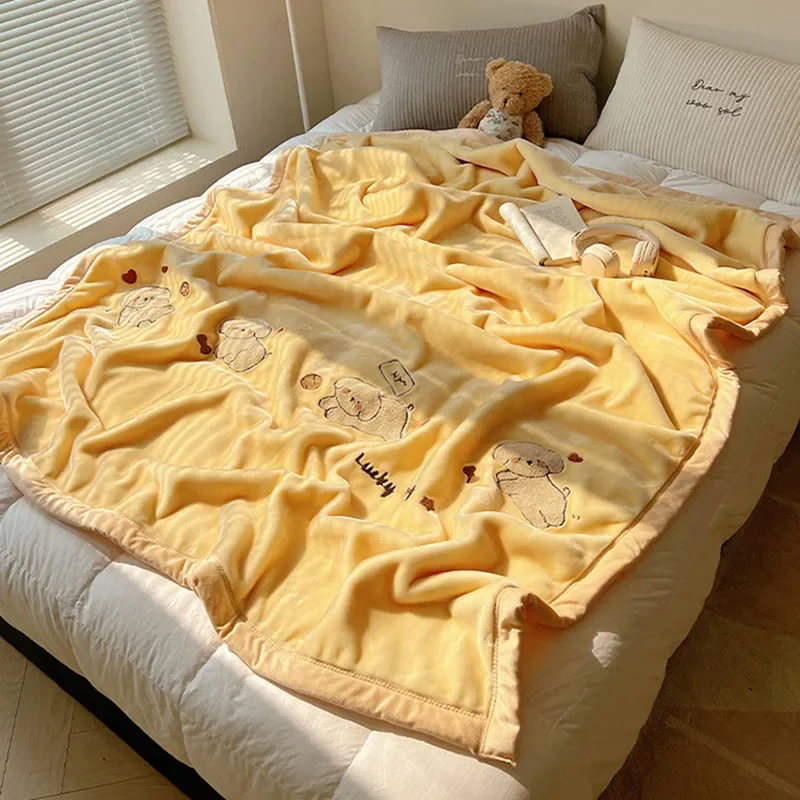 Solid Thick Cartoon Towel Embroidered Blanket Double Layer Warm Milk Velvet Sofa Cover Cozy Breathable Bedspread for Adult Kids