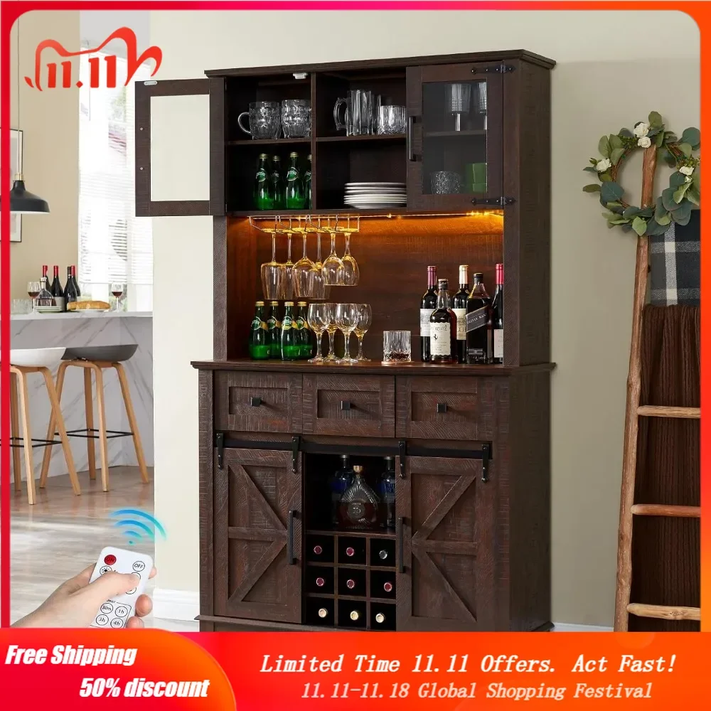 

Coffee Bar Cabinet with Sliding Barn Door, 72'' Farmhouse Kitchen Sideboard, Buffet Storage Table, Wine Glass Racks