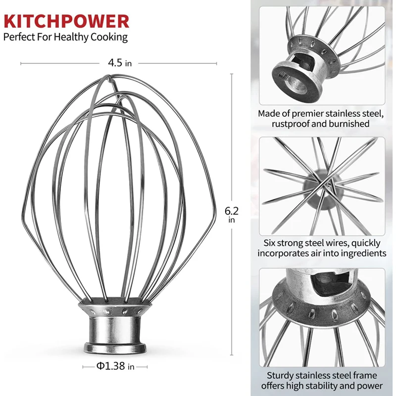 New K45WW KitchenAid Stainless Steel Whisk Whip Mixer Flour Cake Food Balloon Whisk 4.5QT Fits Mixers Egg Cream Kitchen Tools