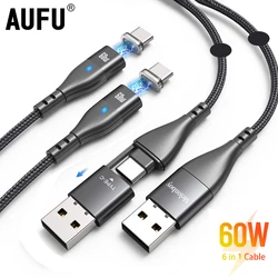 멜론보이 마그네틱 USB C 케이블 와이어 충전기, 휴대폰 충전 코드, USB 데이터 케이블, 노트북, 삼성, 화웨이, 아이폰용, 6 인 1 케이블, 60W