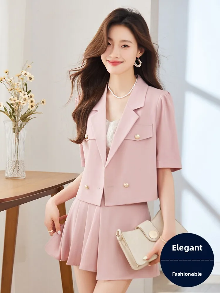 

Pink Short Sleeve Suit Set Women's Casual Pleated Skirt Two-Piece Suit Commute Style Slim Fit Polyester Thin Summer New Arrival