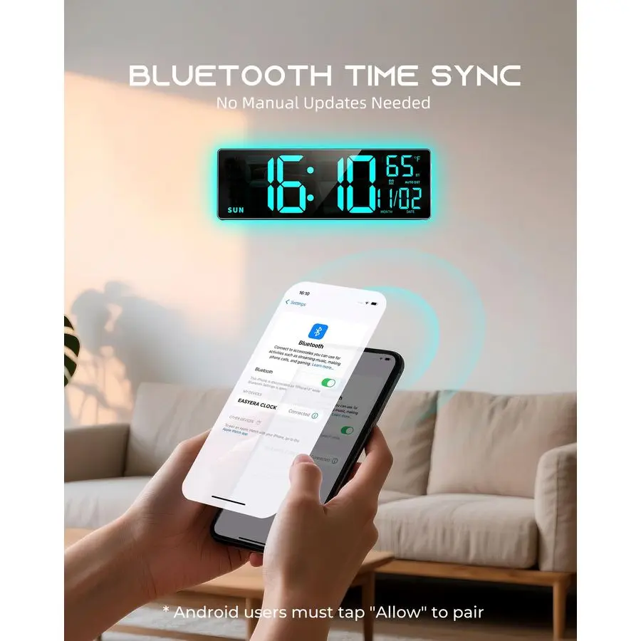Relógio de Parede Digital Grande de 16,5 Polegadas com Sincronização BT, Luzes RGB com 11 Modos de Cena, Controle Remoto, Alarmes Duplos com Grande Display LED, Au