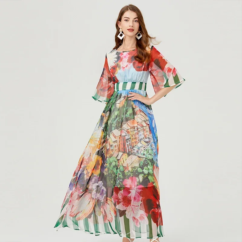 

TIFICY Summer Holiday Chiffon Long Robe Dresses Women Half Sleeve Backless Lace Up House Floral Print Runway A Line Maxi Vestido