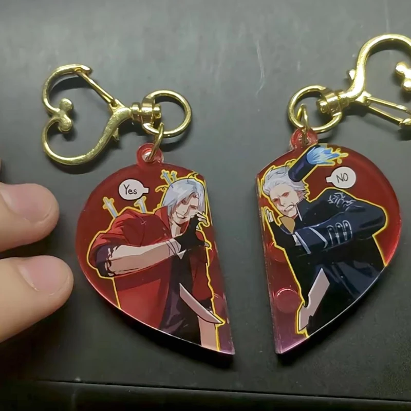 Game Devil May Cry Vergil Dante Cosplay Keychain Acrylic Heart Magnetic Pendant Keyring 1 Pair Key Chain Bag Accessories Gift view 2