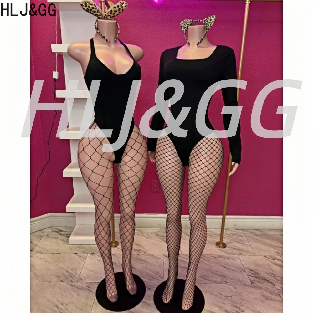 

HLJ&GG Black Sexy Halter Bodycon Bodysuits Women Solid Sleeveless Backless Rompers+Sock+Headband Set Fashion Nightclub Jumpsuits