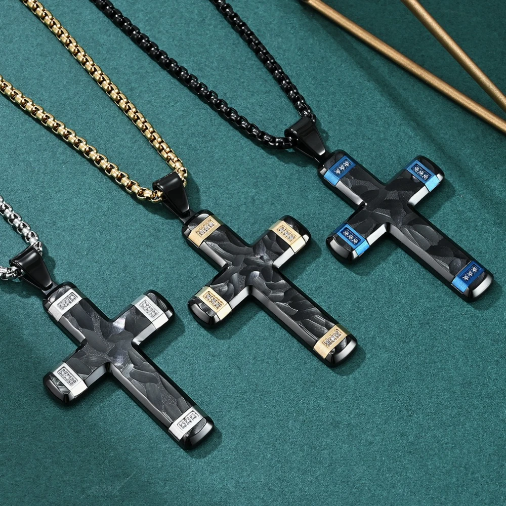 Disordered Dual Color Crystals Cross Pendants Titanium Steel Men Personalized Fashion Necklaces Jewelry