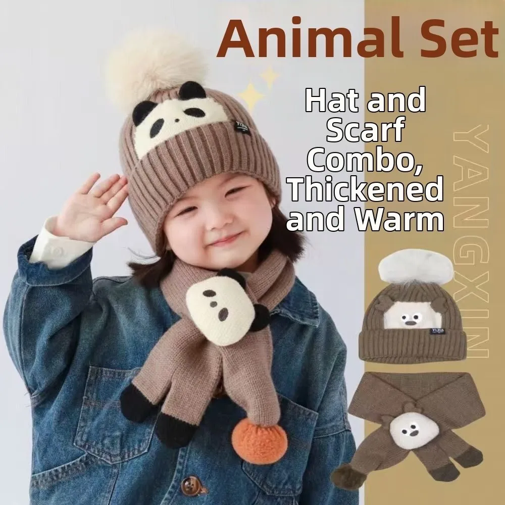 

2Pcs Kawaii Children Hat Scarf Set Thickened Coldproof Knitted Beanies Hat Windproof Korean Style Cartoon Warm Scarf