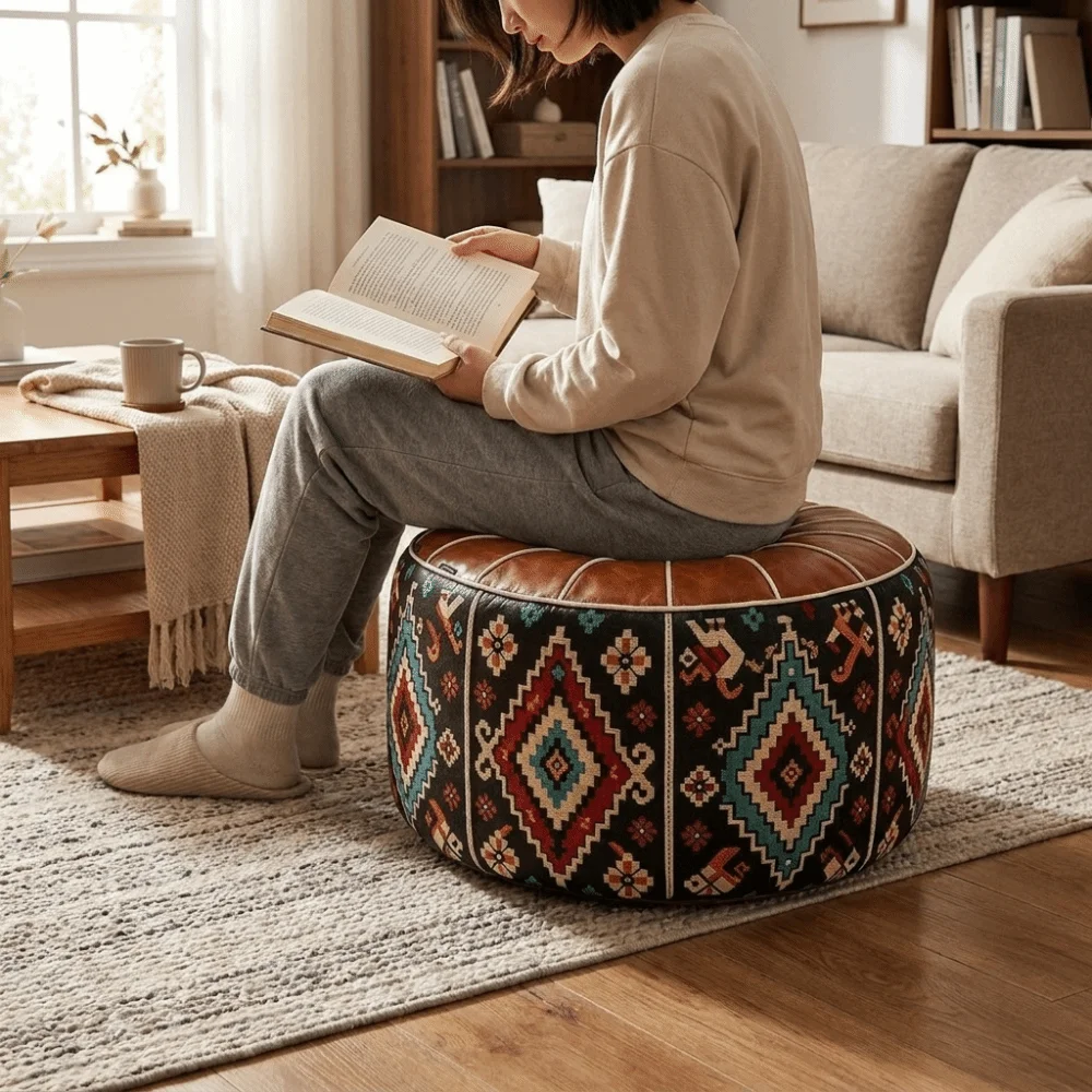 Foot Rest PU Leather Sofa Stool Cover Fillable Round Footstool Cover Water Resistant Foldable Leather Pouf Seasonal Storage