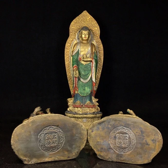 

16"Old Xizang Folk Collection Old Bronze Painted Three Sages Sakyamuni Guanyin Buddha Amitabha Backlight Worship Hall Town house