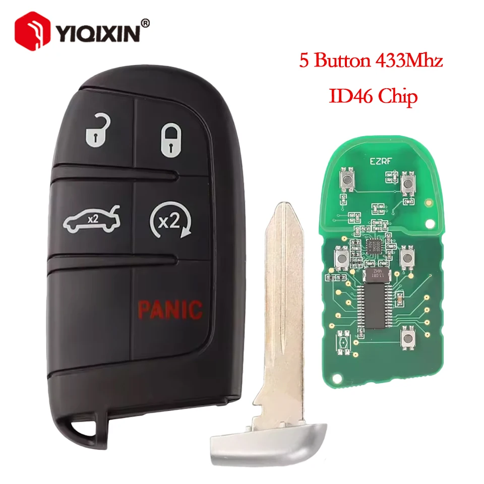 

YIQIXIN 433Mhz ID46 Chip Smart Remote Car Key For Chrysler Dodge Jeep Grand Cherokee 2013-2020 5 Button Uncut Blade M3N40821302