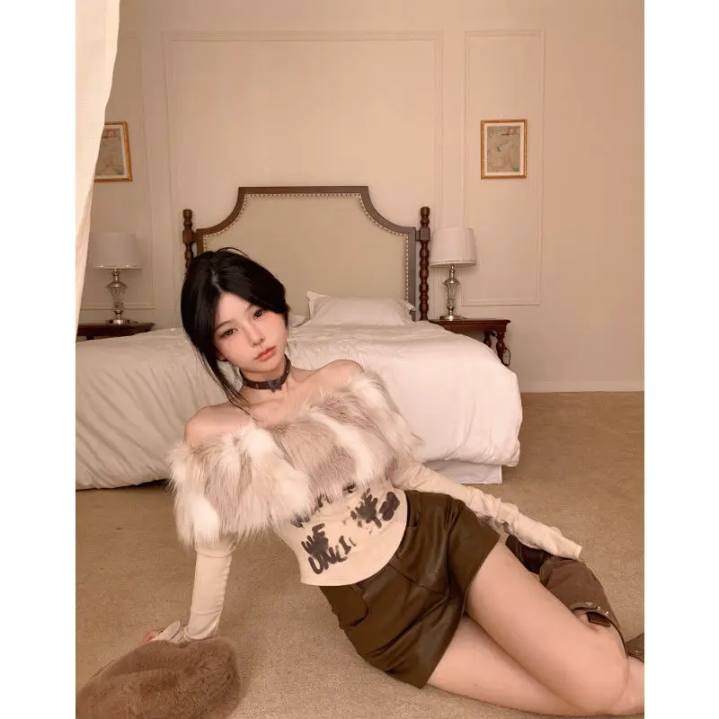 

Kimotimo Vintage Faux Fur Patchwork Slash Neck Printed T-shirt Women Autumn Slim Fit Flare Sleeve Crop Top Sexy Chic Y2k Tees