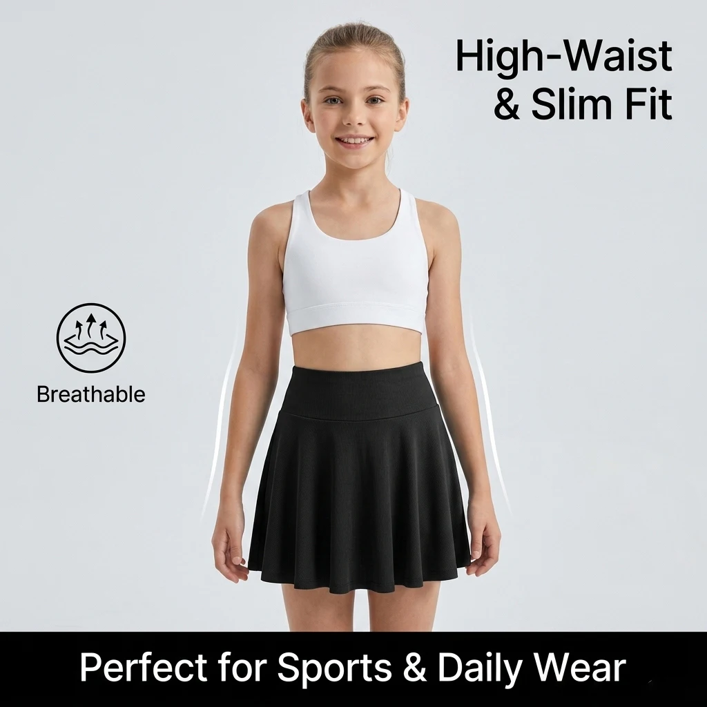 Girls High Waist Ribbed Skort, Built-in Shorts with Side Pocket for Tennis Outdoor Play Daily Casual Wear Kids Quick Drying