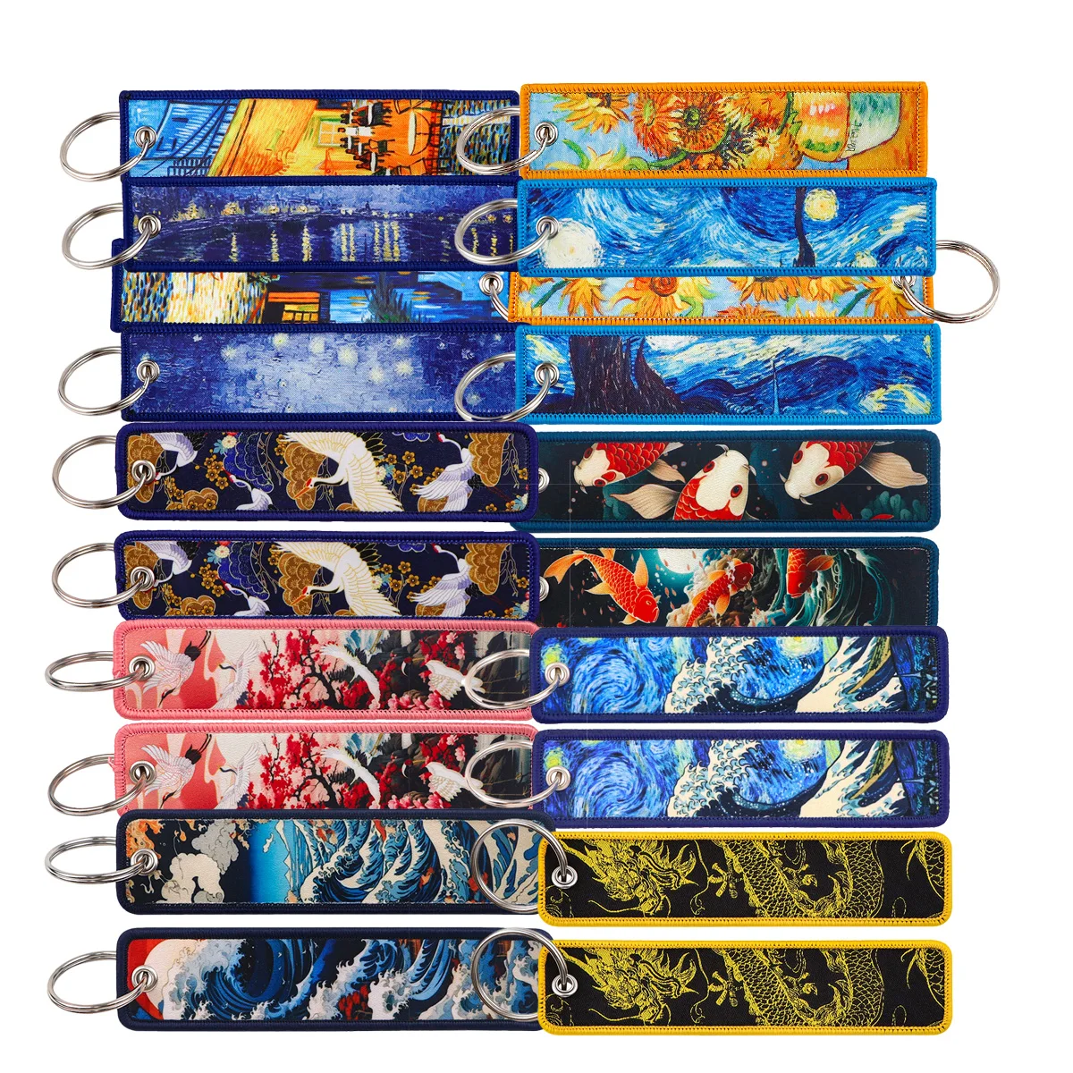 1pcs Classic Artwork Embroidery Key Tag Strap Vintage Oil Painting Ocean Wave Koi Crane Print Keychain Trendy Hanging Charm
