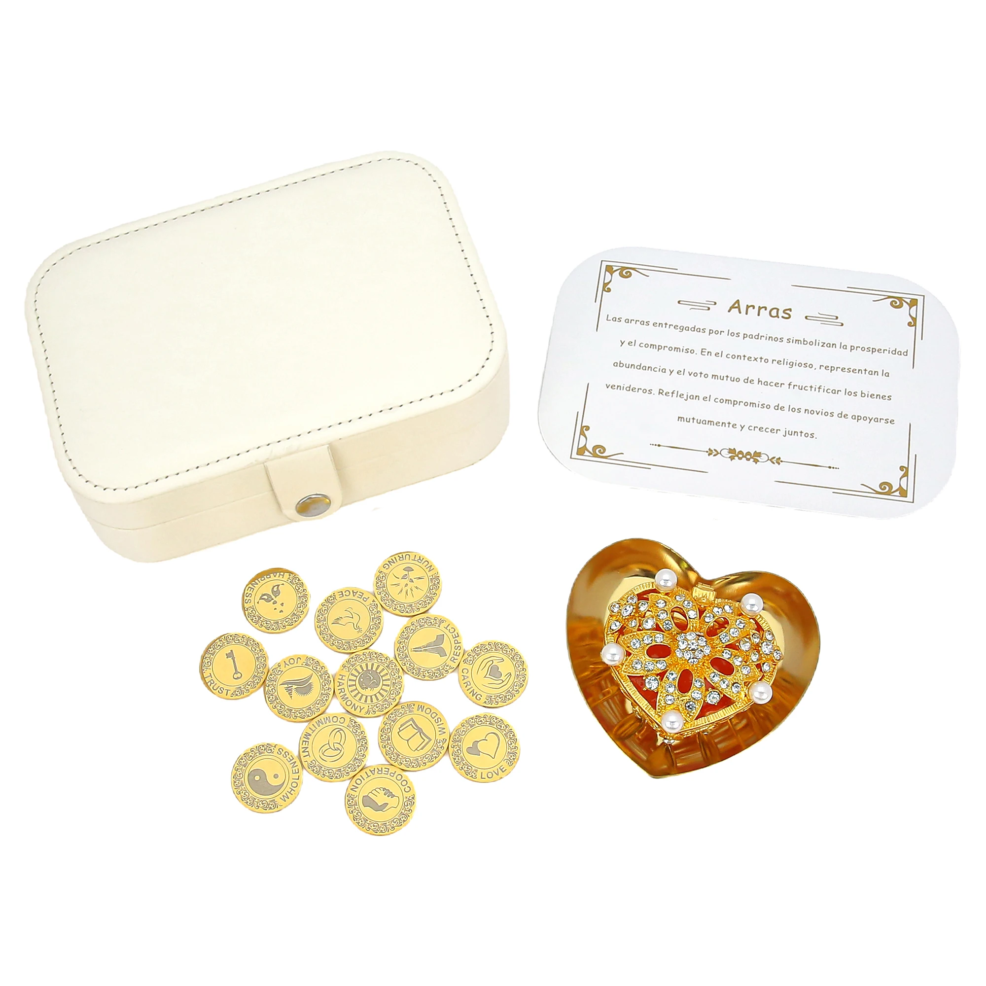 ensemble-de-pieces-d'arras-de-mariage-personnalisees-en-anglais-avec-boite-en-forme-de-cœur-ornee-d'une-fleur-en-cristal-boite-en-cuir-pu-et-plaque-en-forme-de-cœur