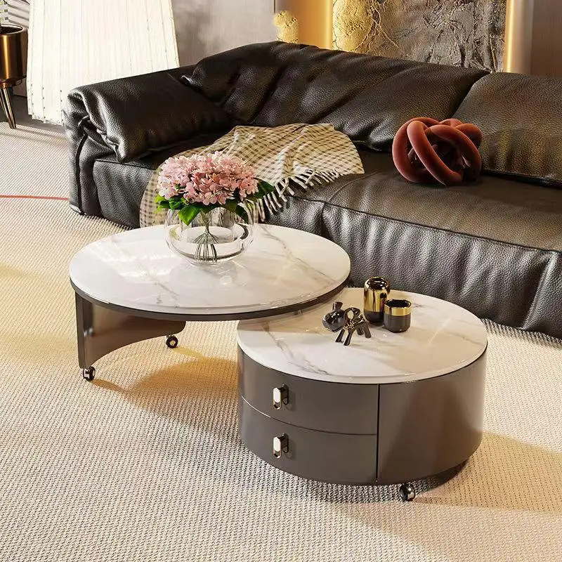 *Contemporary Round Coffee Table Set, Marble Top, Wood Veneer Storage Base, Sleek and Functional for Modern Interiors.