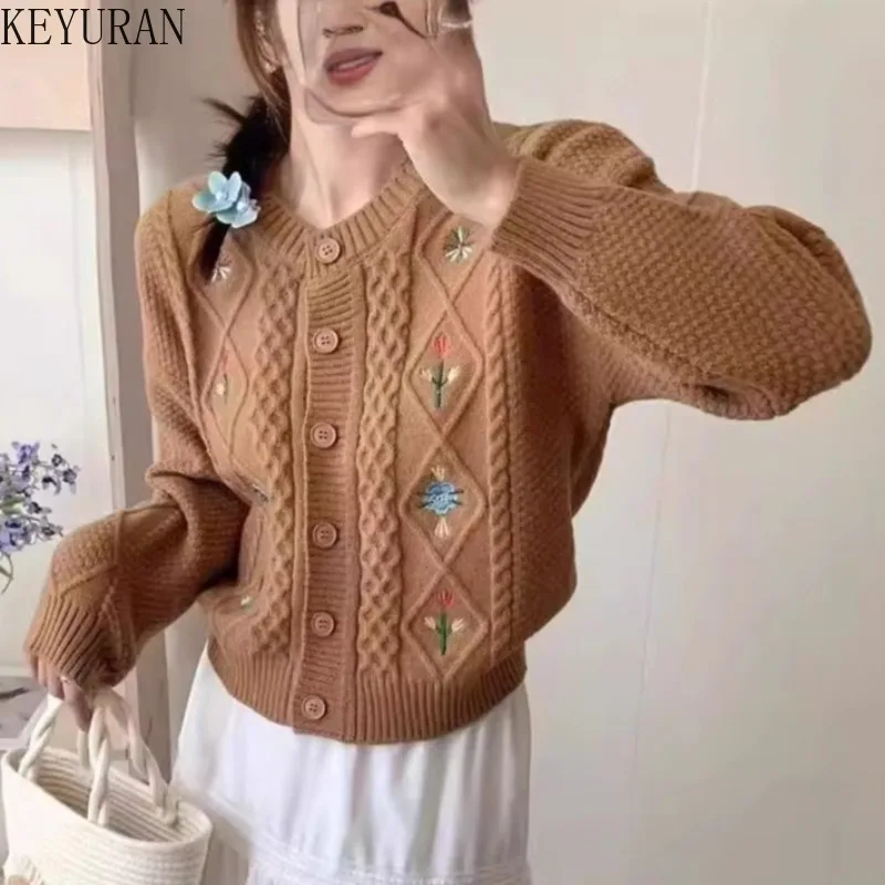 

Винтажный вязаный кардиган с цветочной вышивкой, женский осенний новый корейский модный однобортный свитер на пуговицах с длинными рукавами, пальто Mujer