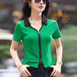 European Station Short sleeved T-shirt Women's Summer New Fashion Light Luxury High end Polo Neck Double Zipper Slim Short Top