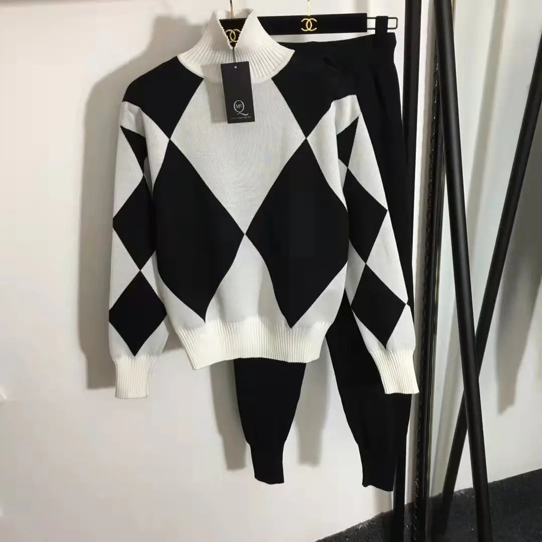 신상 투피스 여성 스웨터 스포츠웨어 가을 겨울 스플라이싱 하프 하이넥 풀오버 탑+니트 하렘 팬츠 세트 여성용