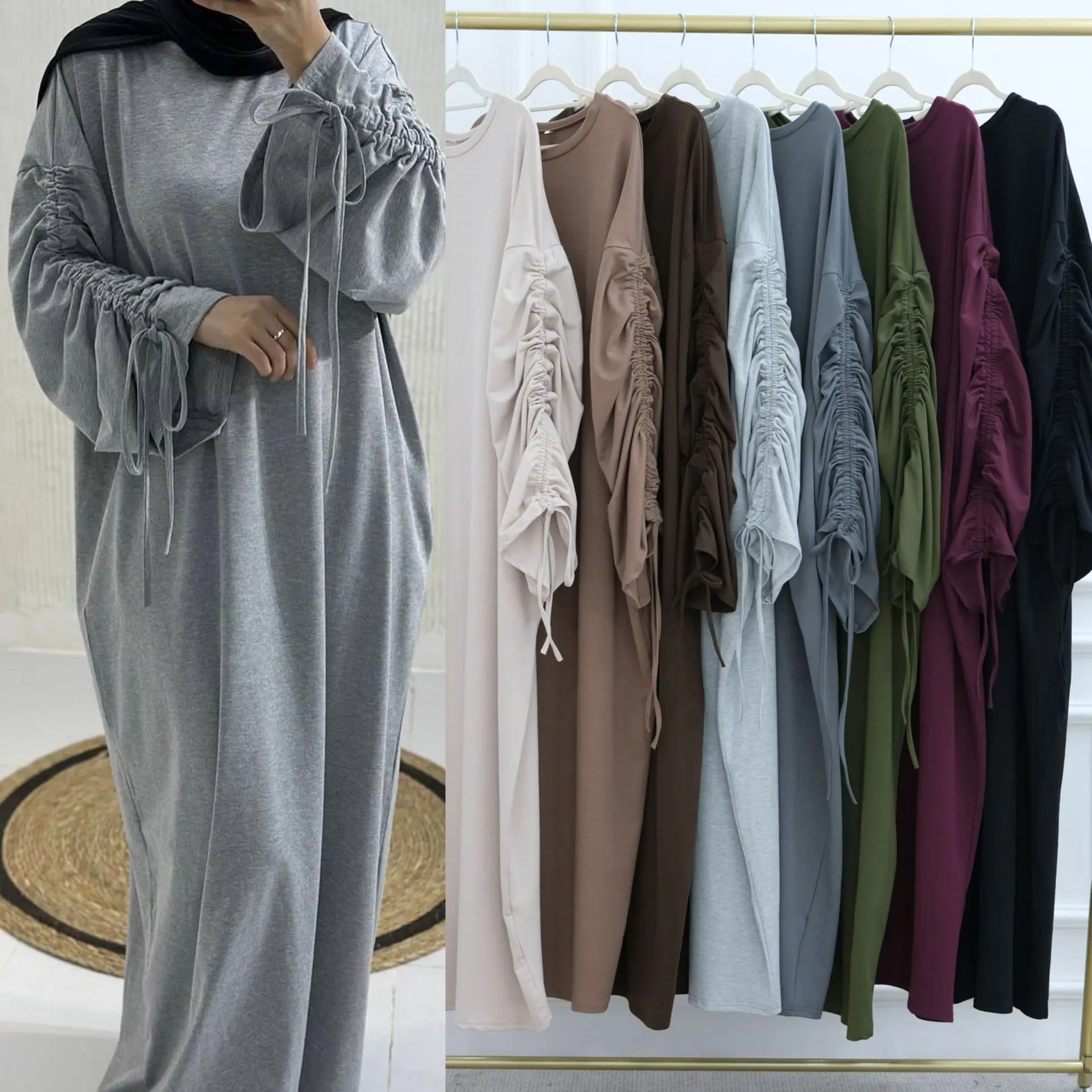 

Sharut Wholesale EID Islamic Modest Dubai Abaya Cardigan Muslim Women Dress Drawstring Sleeve Sweatshirt Casual Abaya Dress