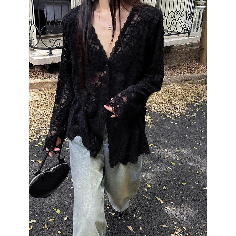 Y2K Lace Sheer Black Shirts Women Streetwear Sexy Hollow Out White Blouses Korean Aesthetic Long Sleeve Chic Sun Protection Tops