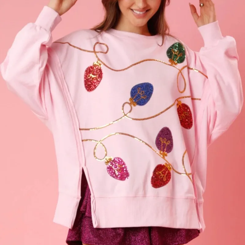 Camisola de manga comprida de lantejoulas feminina, pulôver com gola O, doce Tops, Versátil, Natal, Novo, 2024