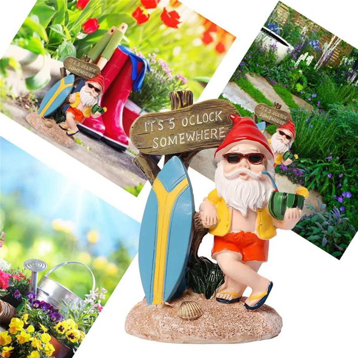 Resin Funny Gnome Figurines with Surfboard Welcome Sign It's 5 O'Clock Somewhere Statue for Home Garden Yard Decoration