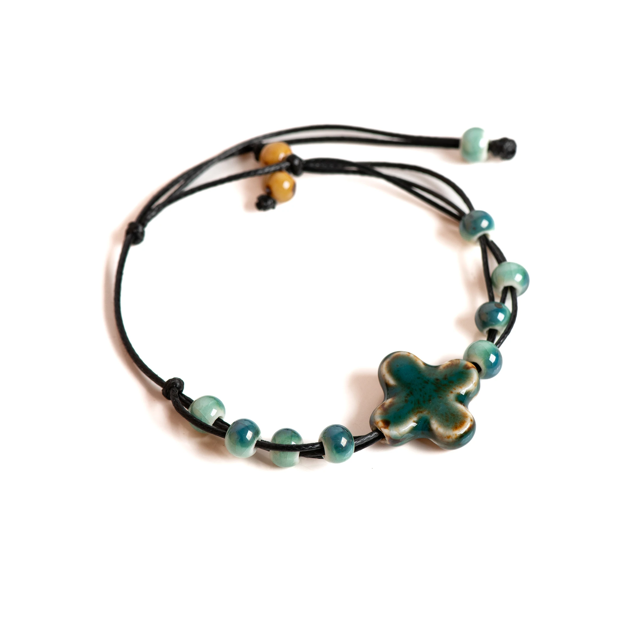 Handcrafted Adjustable Ceramic Floral Charm Bracelet Women Waxed Rope Jewelry Unique Gift Fashion Accessories Boho Style 145