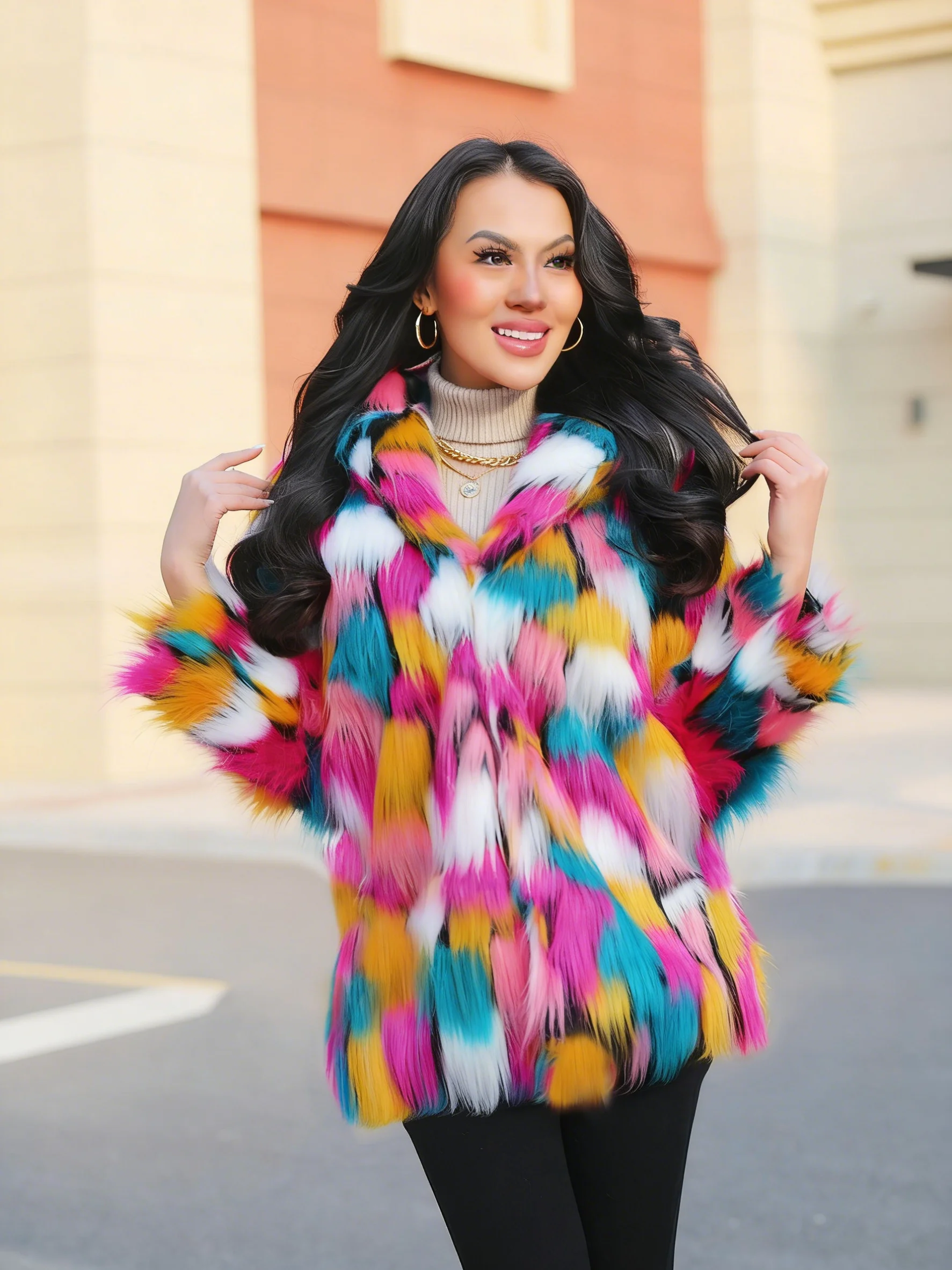 Chaqueta de piel sintética cálida y atrevida para mujer, abrigo grueso con capucha y botón oculto, informal, holgado, suave, franjas de diferente Color, prendas de vestir, abrigo elegante de invierno