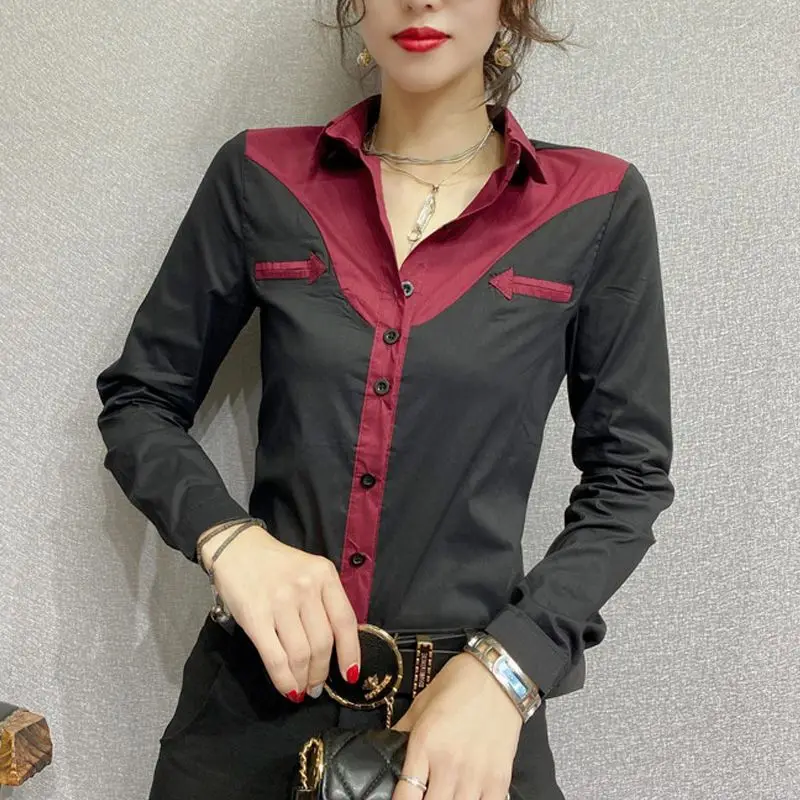 Fashion Slim Solid Color Spliced Shirt Commute Turn-down Collar Women\'s Clothing Single-breasted Spring Autumn All-match Blouse