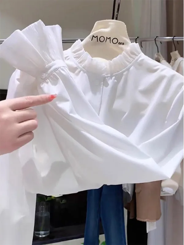 

Универсальный свободный длинный све-длинный воротник с деревянным воротником с рюшами для женщин больших размеров, удобный высококачественный белый топ