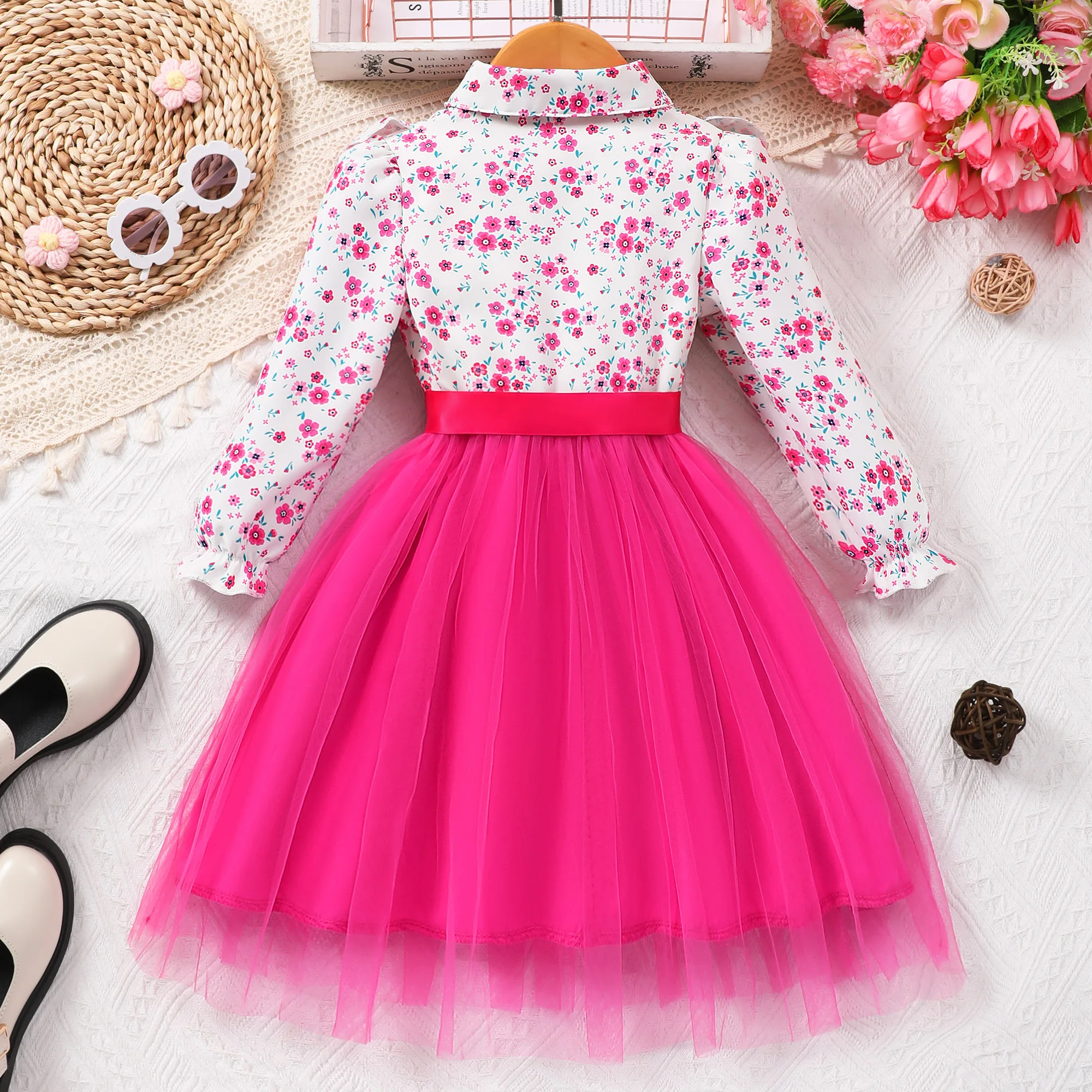 Hot Pink Kids Girl Princess Dress Summer Long Sleeve Floral Elegant Gauze Belt Dress Casual Cute Children Dress 2 3 4 5 6 7 Yrs