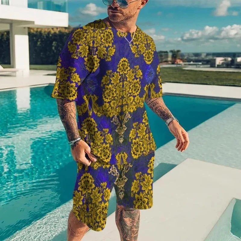 الرجال الصيف تي شيرت والسراويل القصيرة مجموعة الباروك الذهب زهرة 3D طباعة عارضة خمر الشارع الشهير رياضية 2PCS