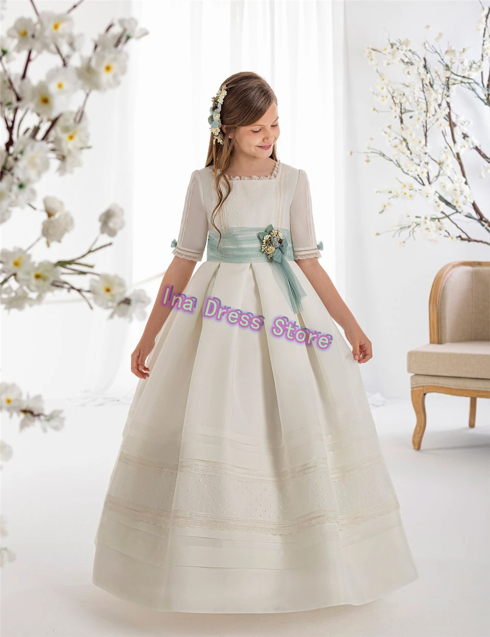 Customized Elegant Satin Idyllic First Communion Gowns Wedding Flower Girl Dress A-line 3D Floral Princess Ball Birthday Gowns