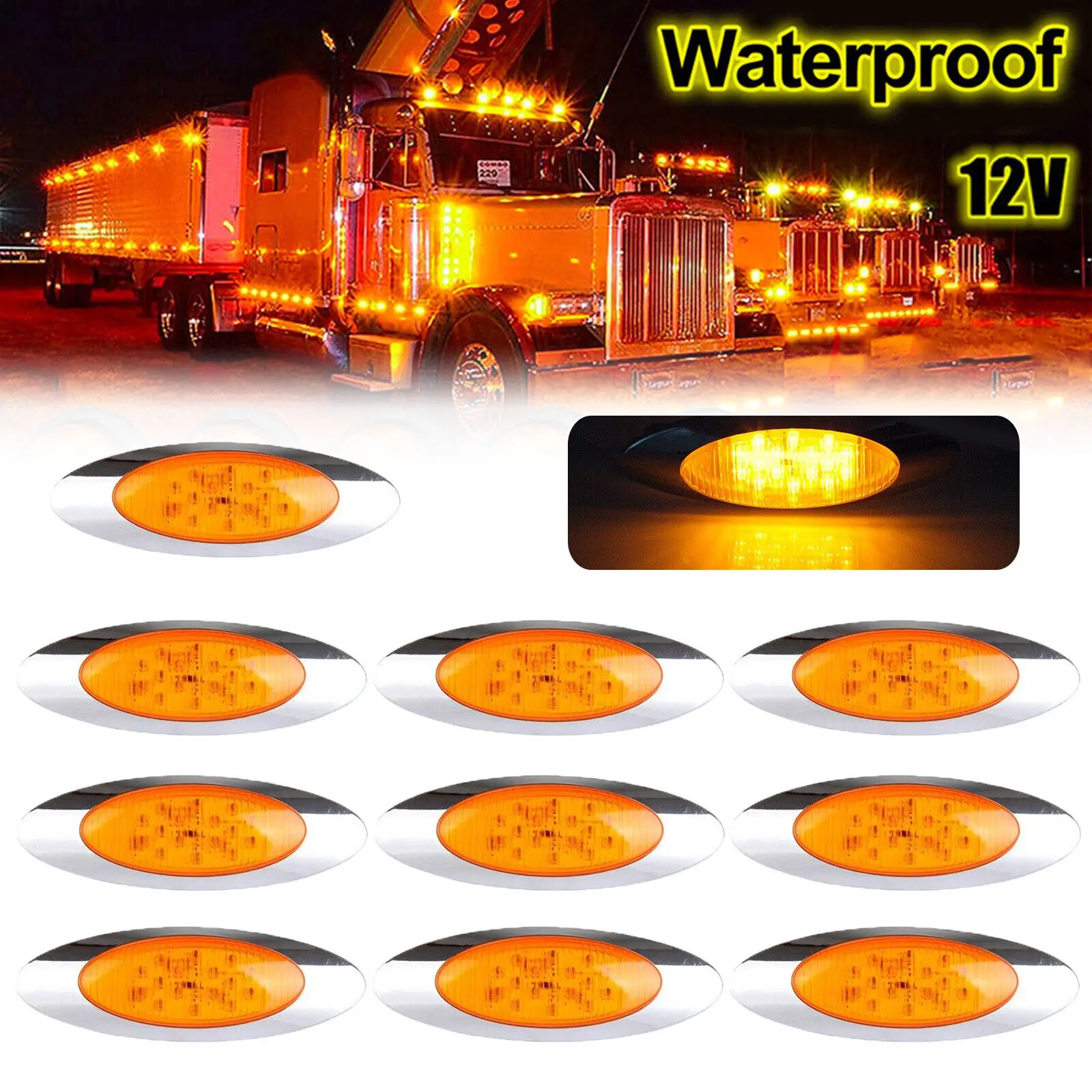 

10PCS 6.5" Oval Trailer Side Marker Light 16 LED Amber Red Lighting Chrome Waterproof 12V Truck LED Side Light for Car Caravan